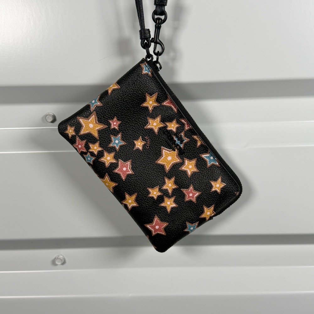 Coach Wristlet Clutch Black Star Print Small Cosmetic Pouch Bag